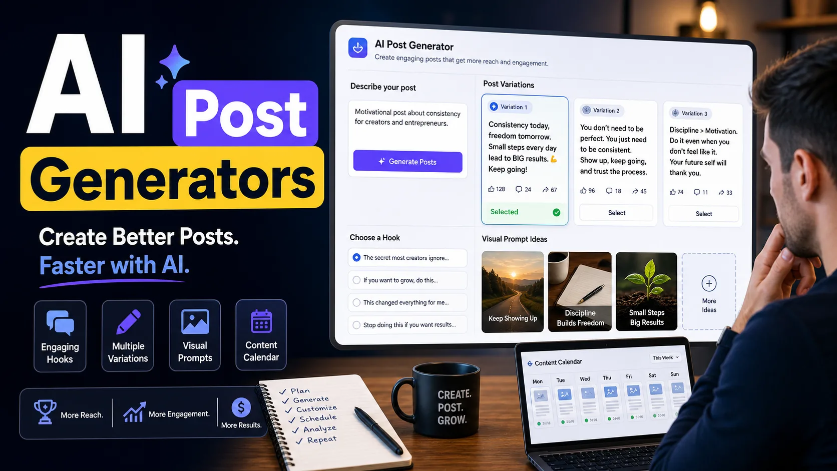 AI social media post generator dashboard for Facebook creators