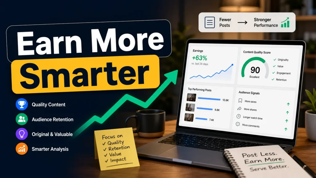 Facebook page earnings improvement dashboard focused on content quality instead of posting more