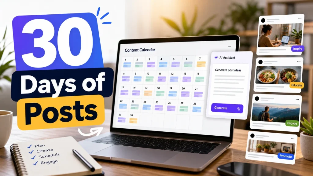 AI Facebook content calendar showing how to create 30 days of Facebook posts in one hour