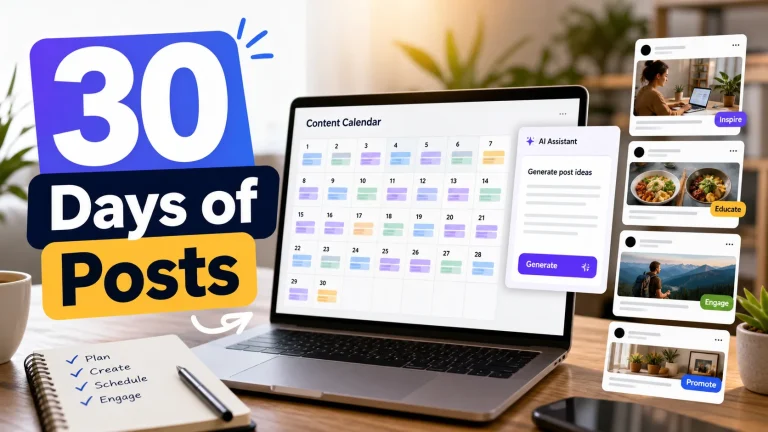AI Facebook content calendar showing how to create 30 days of Facebook posts in one hour