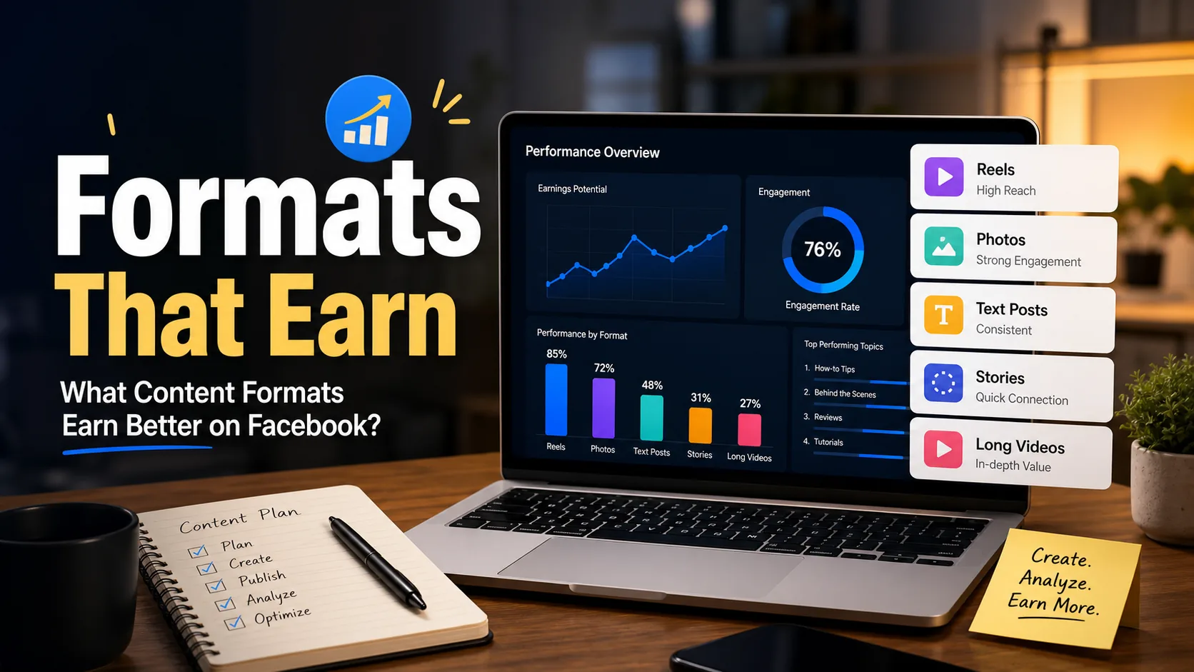 Facebook content Facebook content formats and monetization tools dashboard comparing Reels, photos, text posts, Stories, and long videos for creators.