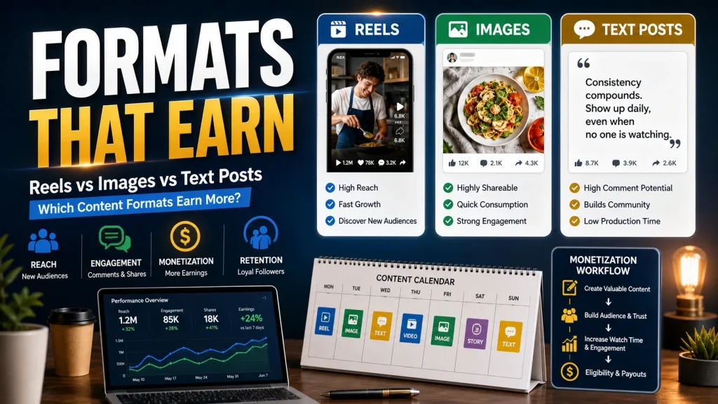 Facebook content monetization formats comparison for Reels images and text posts