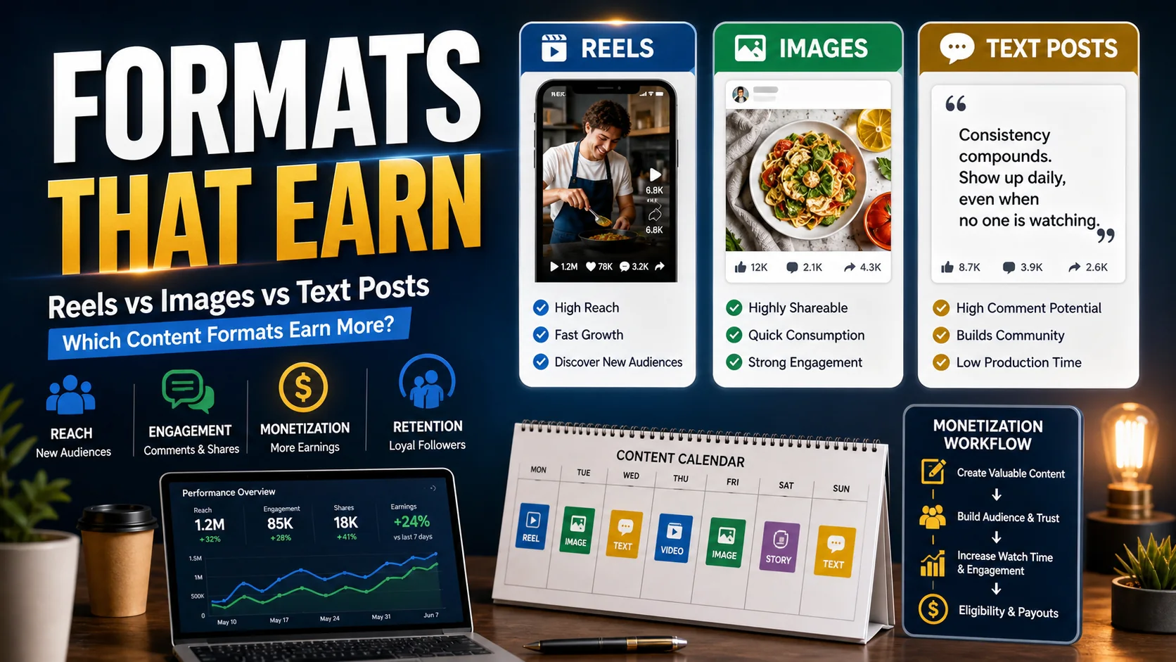 Facebook content monetization formats comparison for Reels images and text posts