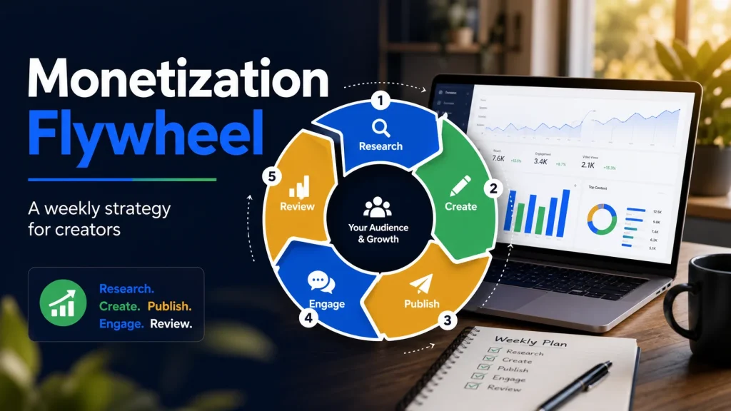 Monetization flywheel for Facebook content creators with research create publish engage and review steps