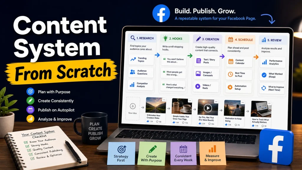 Facebook page content system workflow from research to scheduling and review