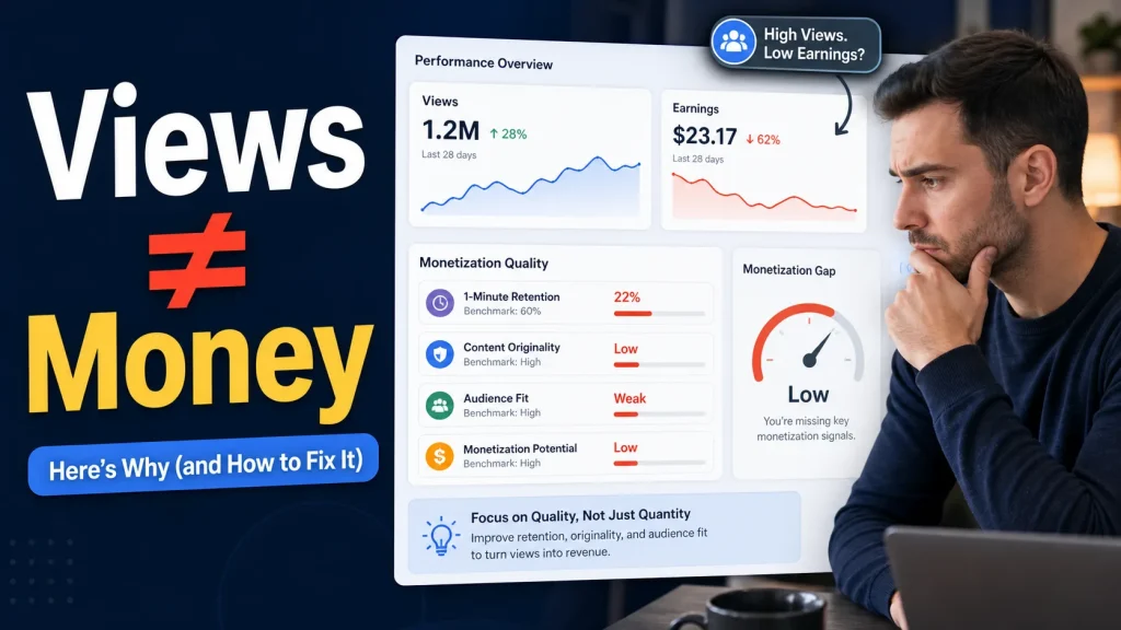 Analytics dashboard showing Facebook views without matching monetization results