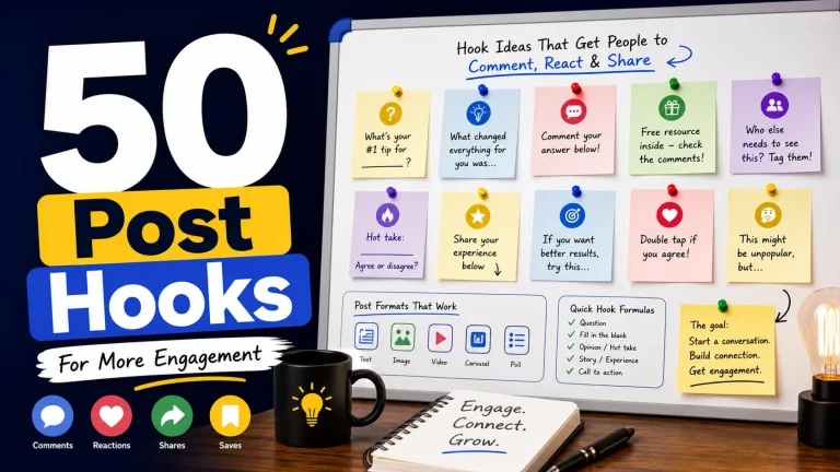 Facebook post hooks board with engagement prompts and creator content ideas