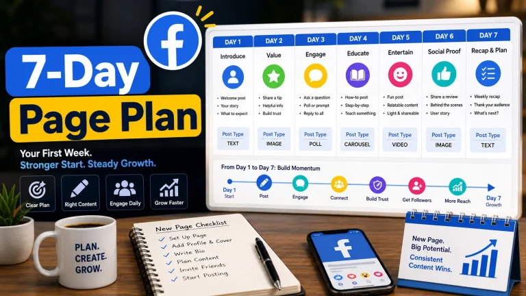 Seven-day Facebook content calendar for a new page with Facebook logo and growth plan