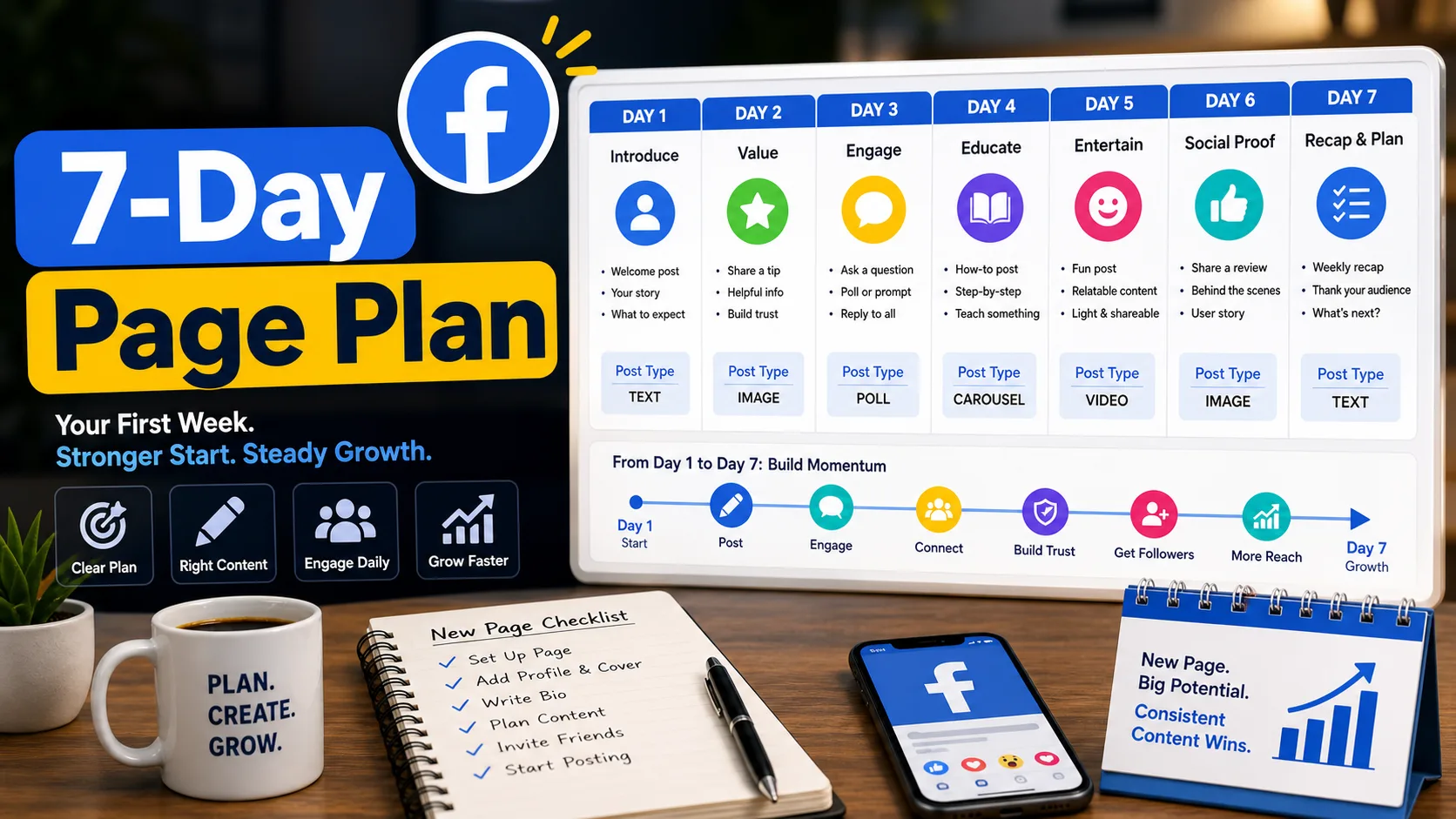 Seven-day Facebook content calendar for a new page with Facebook logo and growth plan