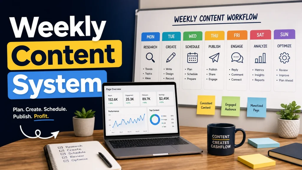 Weekly Facebook content calendar system for monetized pages